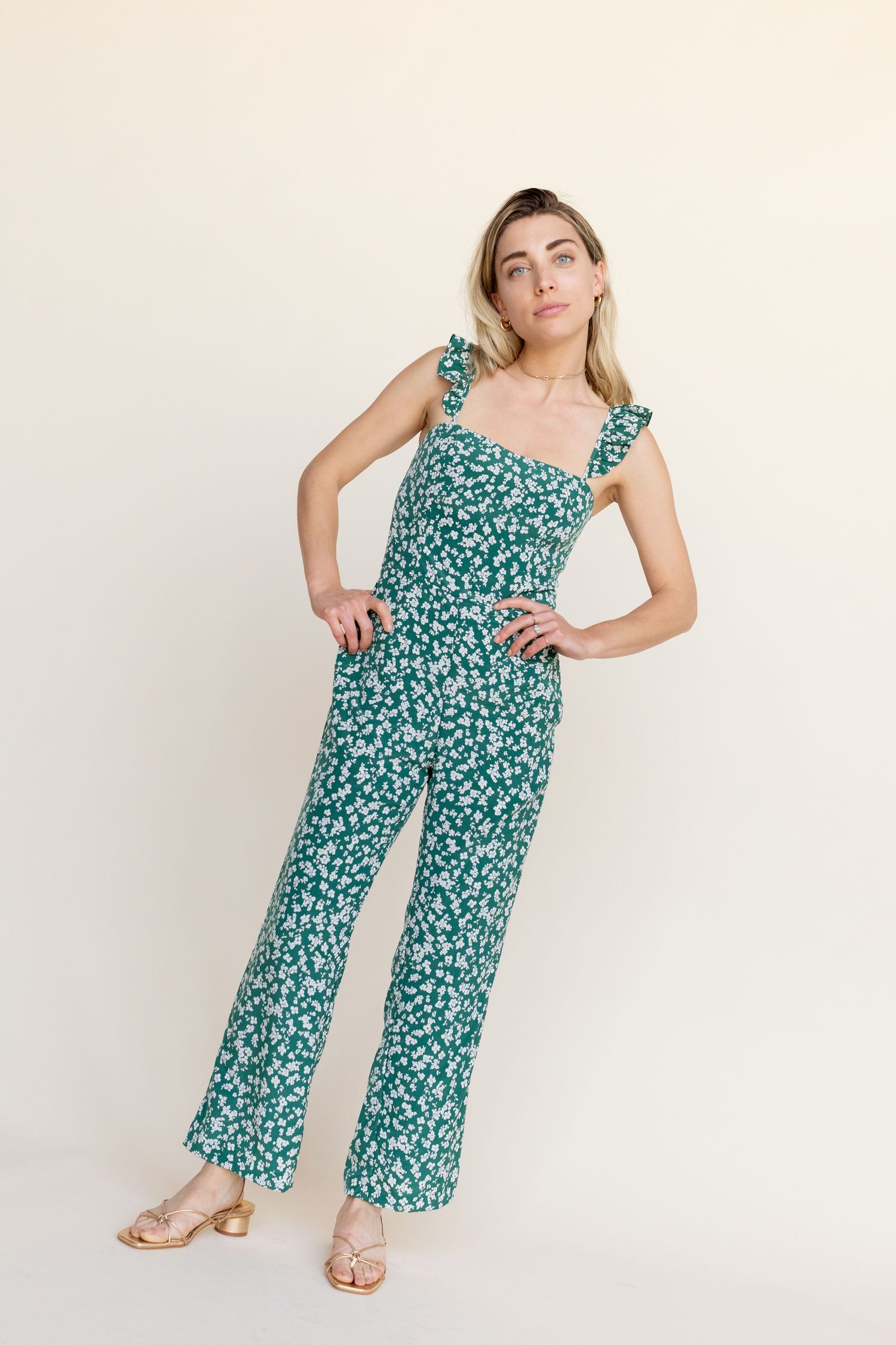 green floral jumpsuit