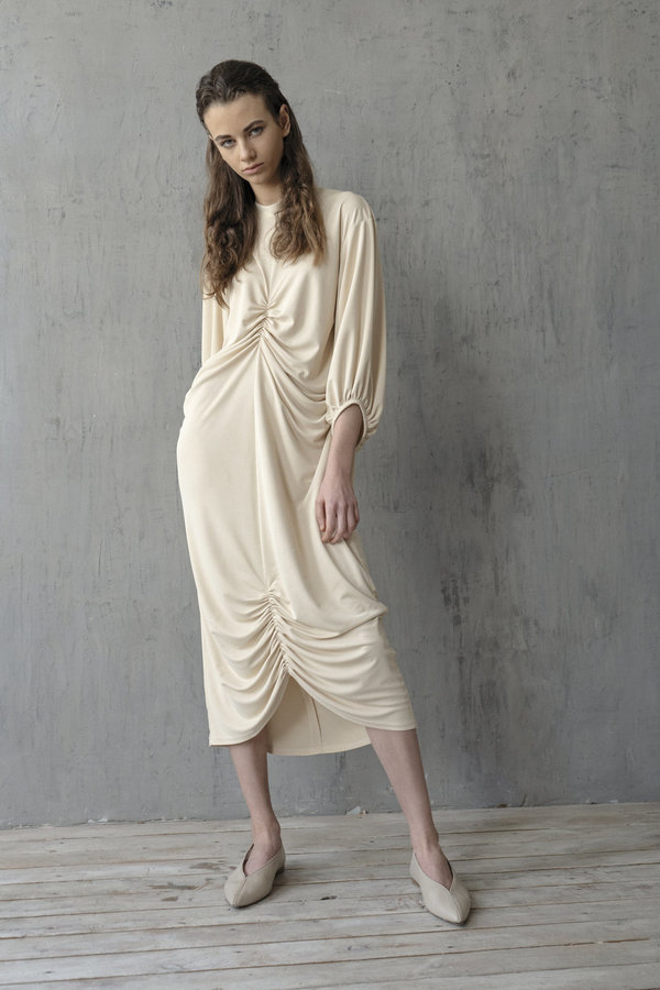 K M by L A N G E DRAPED SHTORA DRESS - CREAM K M by L A N G E DRAPED SHTORA DRESS - CREAM