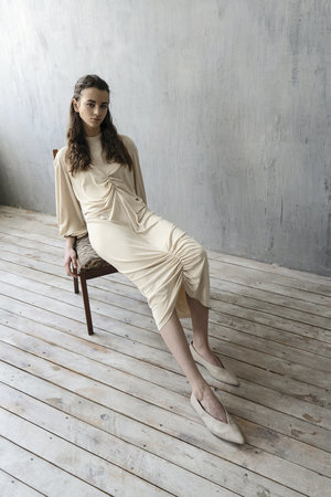 K M by L A N G E DRAPED SHTORA DRESS - CREAM K M by L A N G E DRAPED SHTORA DRESS - CREAM