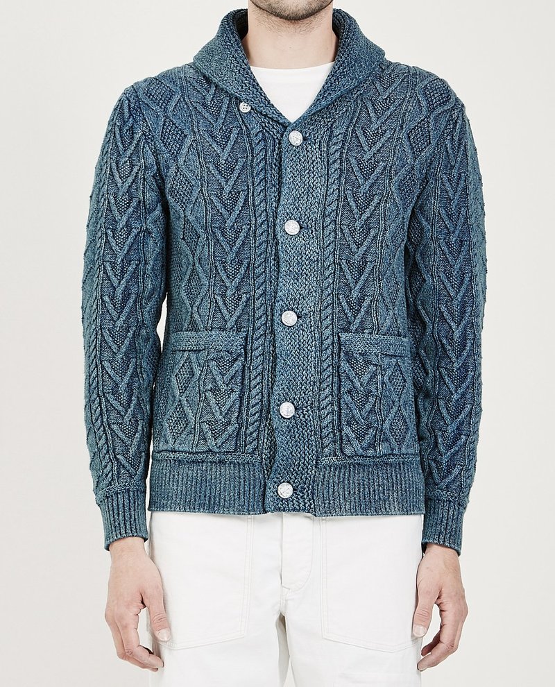 RRL 本藍染め Indigo Cotton Blend Cardigan RRL Patchwork Shawl Collar Cardigan Indigo Blue | Cultizm