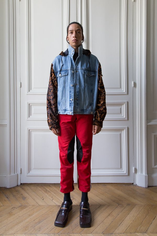 Martine Rose Leopard Bomber Sleeve Denim Hoodie Jacket | Garmentory