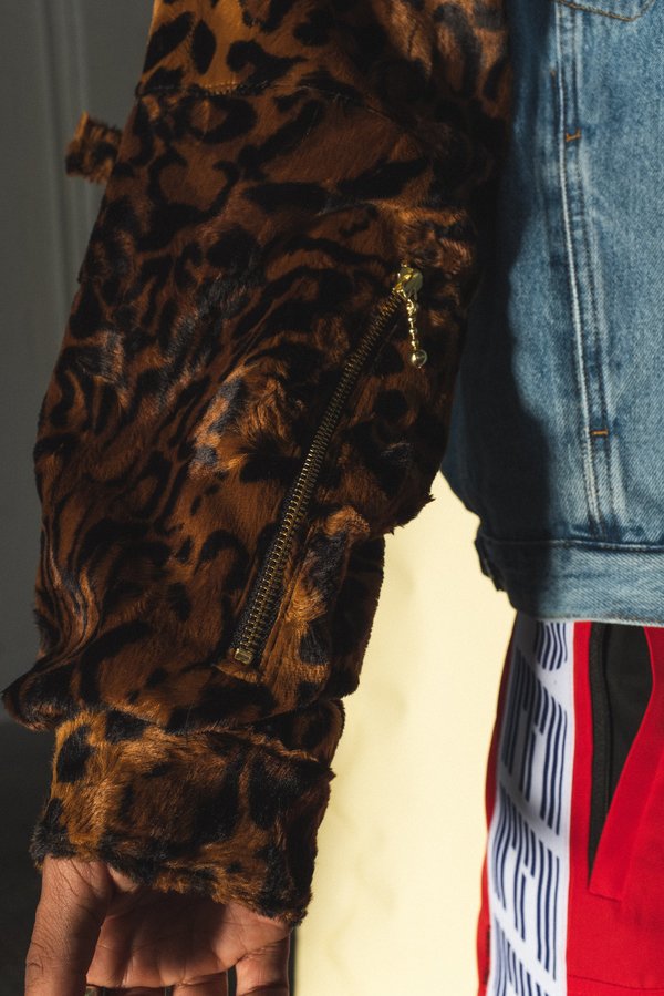 Martine Rose Leopard Bomber Sleeve Denim Hoodie Jacket | Garmentory