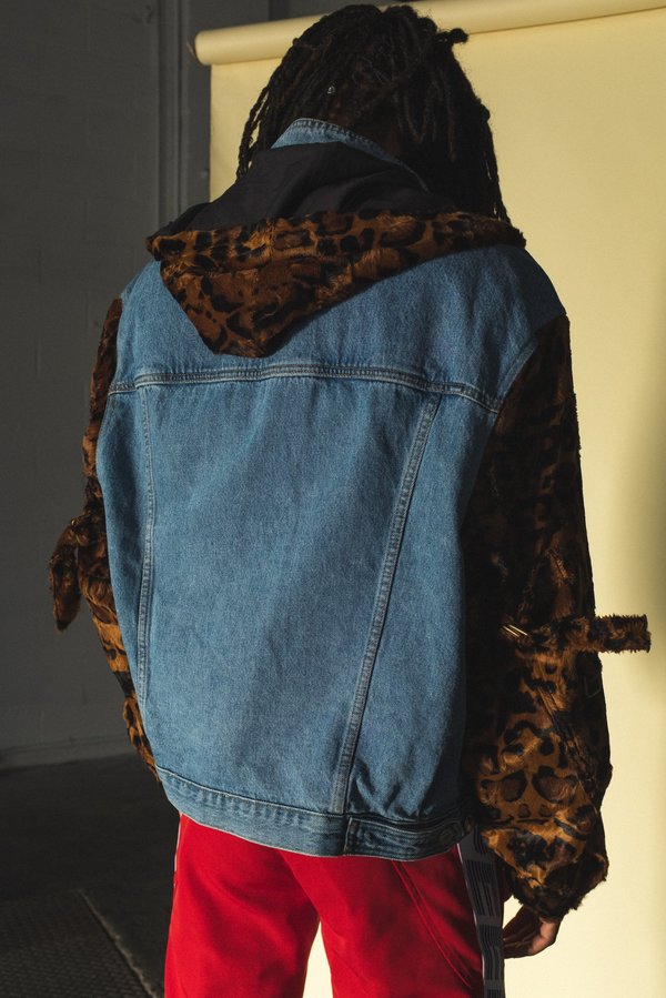 Martine Rose Leopard Bomber Sleeve Denim Hoodie Jacket | Garmentory