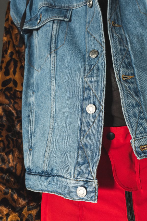 Martine Rose Leopard Bomber Sleeve Denim Hoodie Jacket | Garmentory