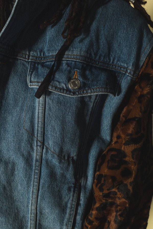 Martine Rose Leopard Bomber Sleeve Denim Hoodie Jacket | Garmentory