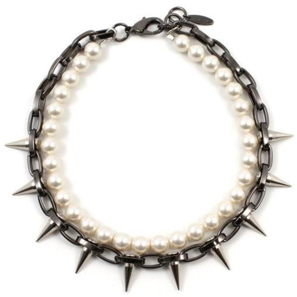 Joomi Lim Single Row Spike Choker with Pearls - Hematite/Rhodium/Cream Joomi Lim Single Row Spike Choker with Pearls - Hematite/Rhodium/Cream