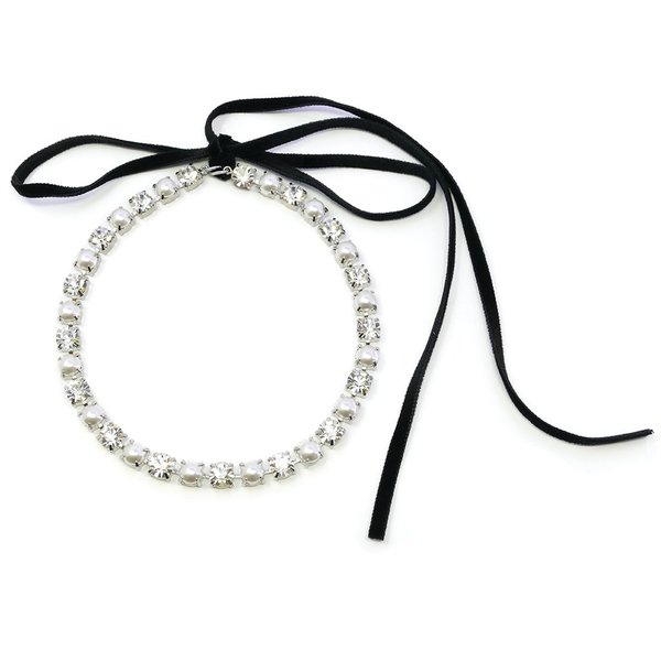 Joomi Lim Crystal & Pearl Choker W/ Velvet Ribbon - Rhodium/White Joomi Lim Crystal & Pearl Choker W/ Velvet Ribbon - Rhodium/White