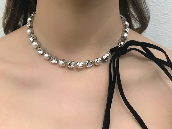 Joomi Lim Crystal & Pearl Choker W/ Velvet Ribbon - Rhodium/White Joomi Lim Crystal & Pearl Choker W/ Velvet Ribbon - Rhodium/White