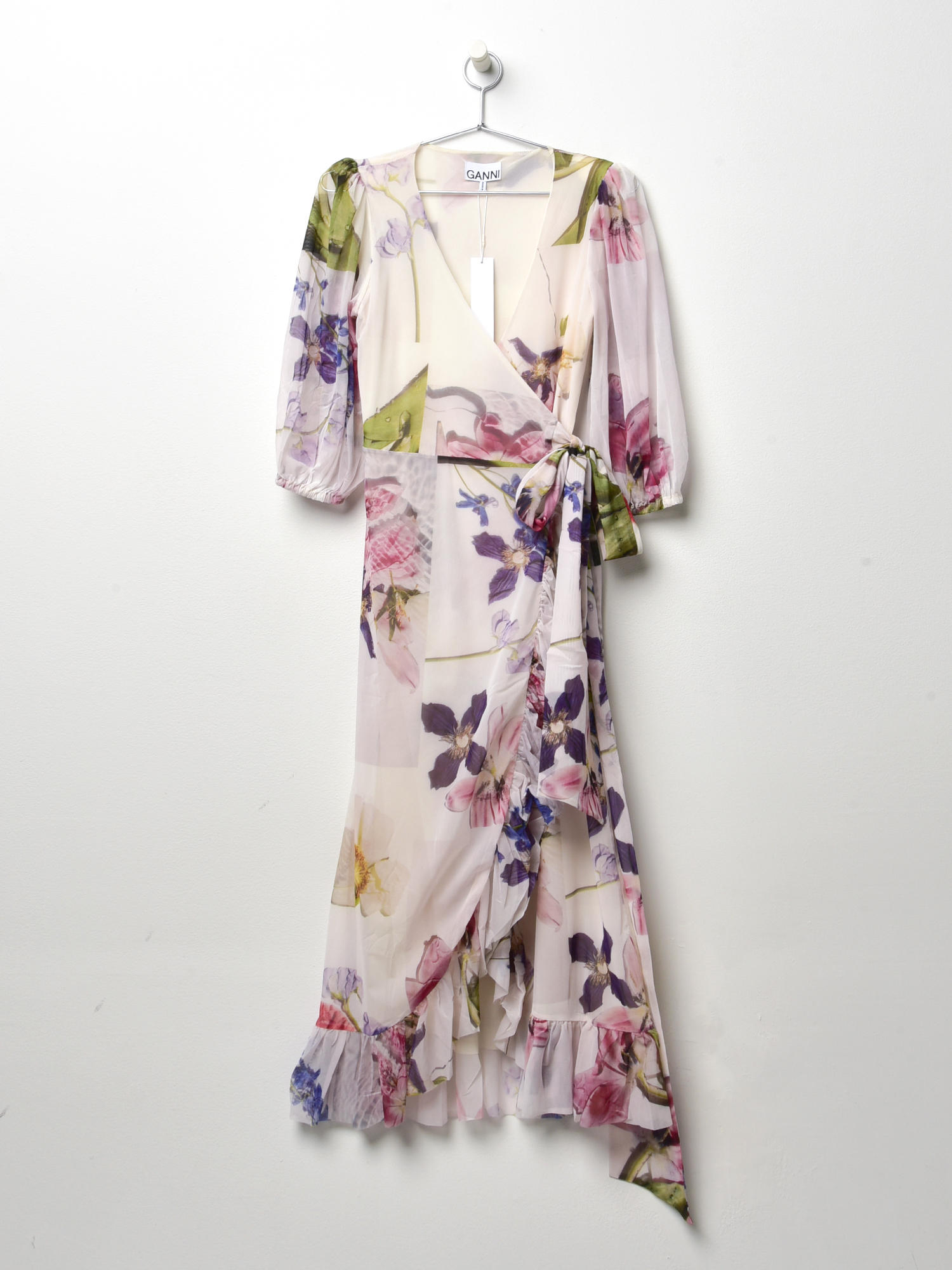 ganni white floral mesh wrap dress Ganni Tilden Mesh Dress - Bright White