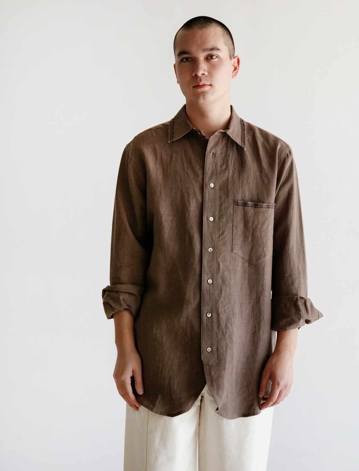 Frank Leder Linen Edge Shirt - Brown | Garmentory Frank Leder Linen Edge Shirt - Brown | Garmentory
