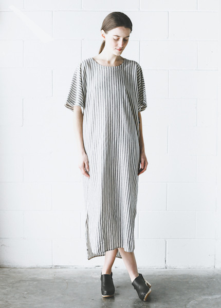 Black Crane - Linen Long Dress in Thin Stripe Black Crane - Linen Long Dress in Thin Stripe