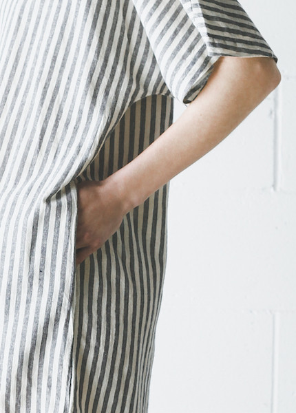 Black Crane - Linen Long Dress in Thin Stripe Black Crane - Linen Long Dress in Thin Stripe