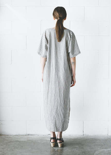 Black Crane - Linen Long Dress in Thin Stripe Black Crane - Linen Long Dress in Thin Stripe