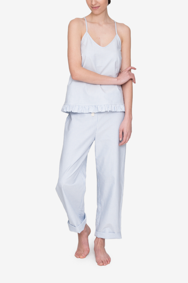 The Sleep Shirt Set: Ruffle Camisole and Lounge Pant - Blue Oxford Stripe The Sleep Shirt Set: Ruffle Camisole and Lounge Pant - Blue Oxford Stripe