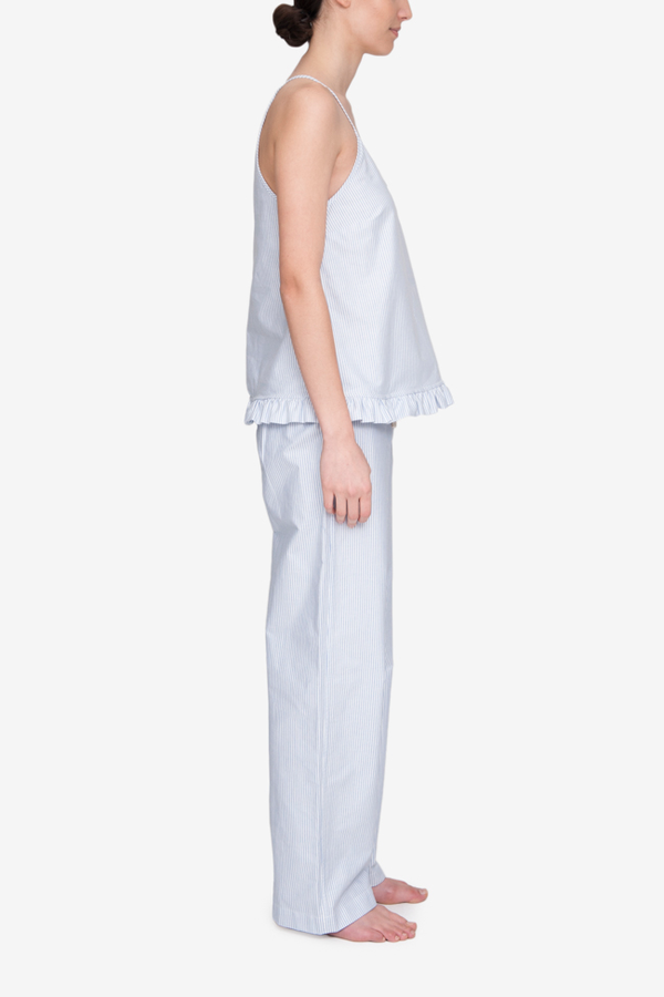 The Sleep Shirt Set: Ruffle Camisole and Lounge Pant - Blue Oxford Stripe The Sleep Shirt Set: Ruffle Camisole and Lounge Pant - Blue Oxford Stripe