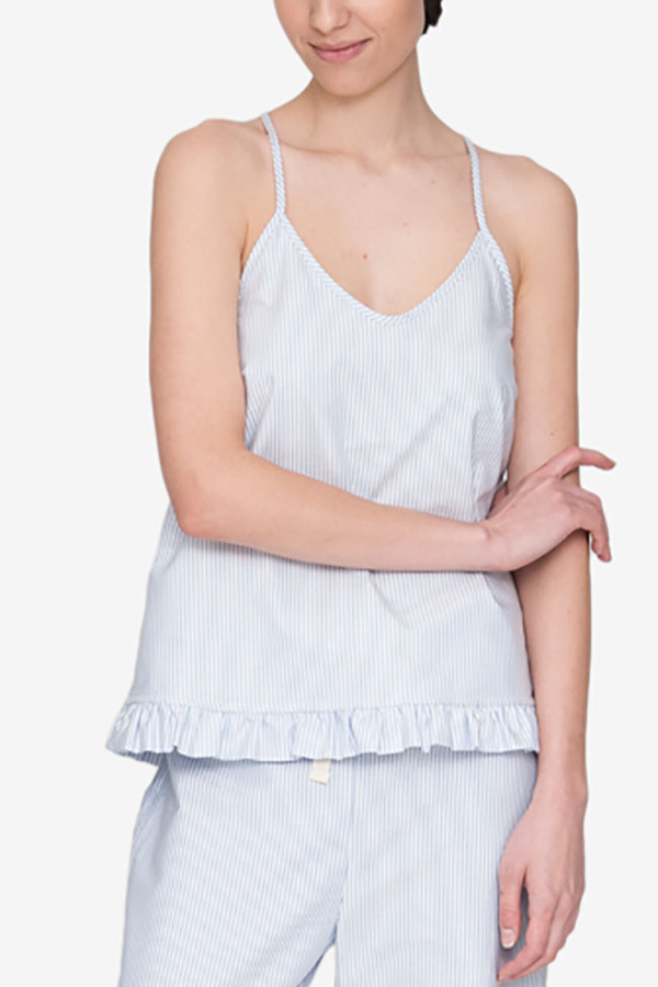 The Sleep Shirt Set: Ruffle Camisole and Lounge Pant - Blue Oxford Stripe The Sleep Shirt Set: Ruffle Camisole and Lounge Pant - Blue Oxford Stripe