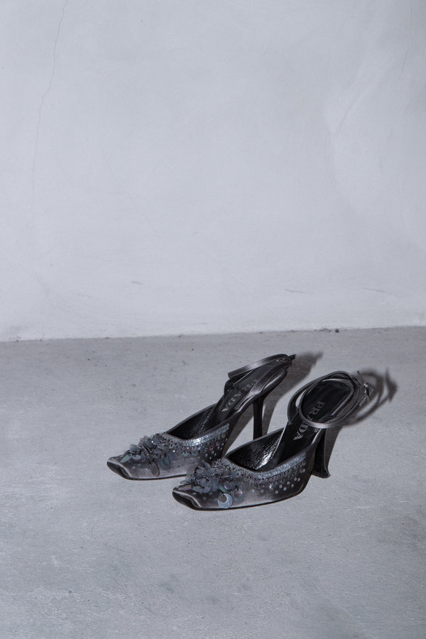 Vintage PRADA SEQUIN SLIP-ON HEELS - GREY/DARK SILVER | Garmentory
