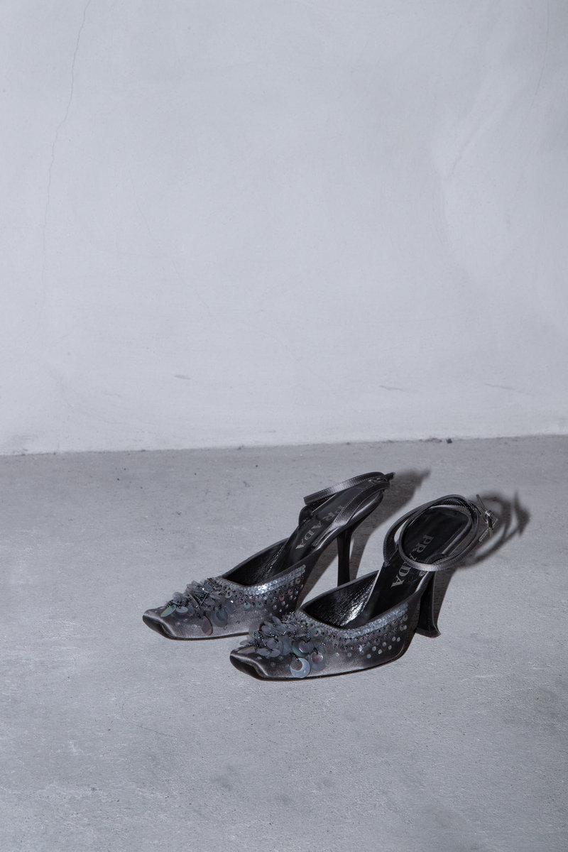 Vintage PRADA SEQUIN SLIP-ON HEELS - GREY/DARK SILVER