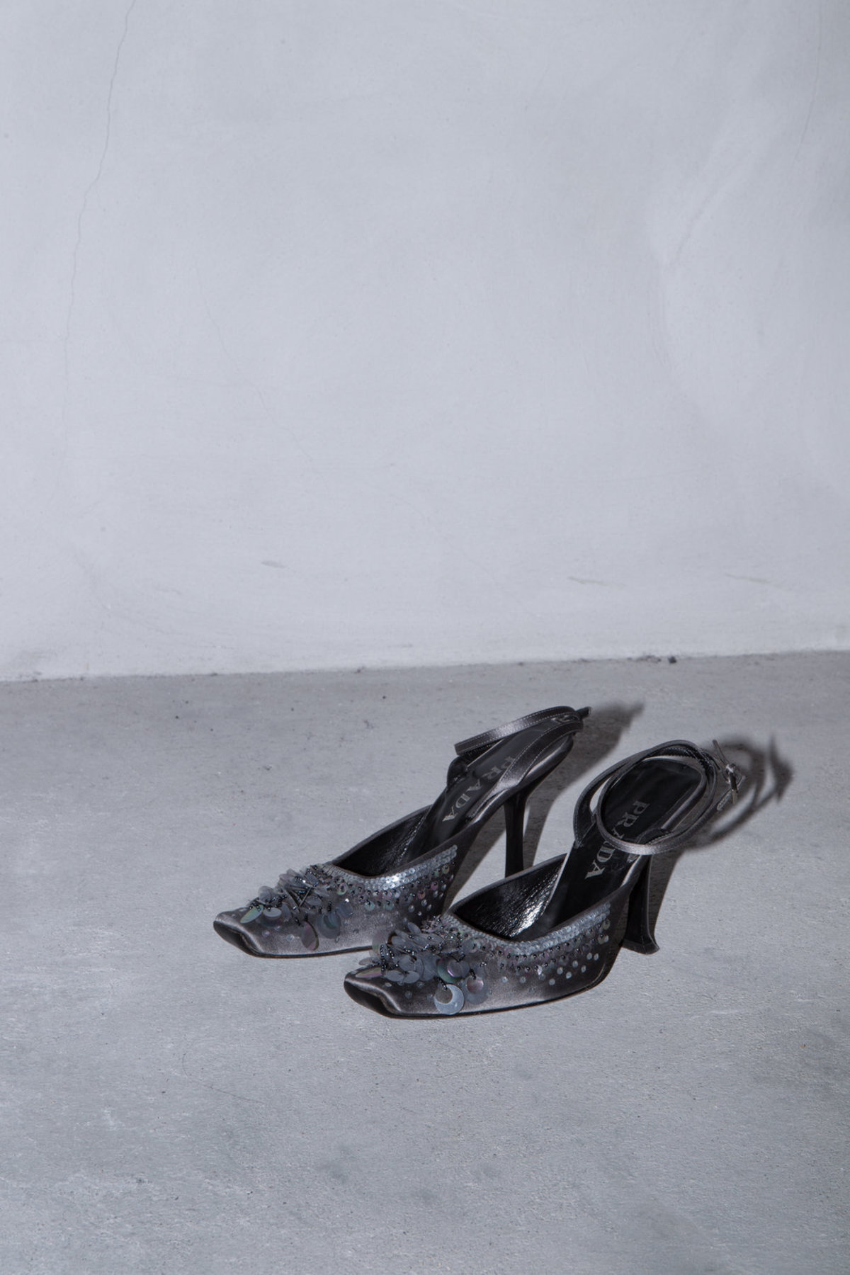 Vintage PRADA SEQUIN SLIP-ON HEELS - GREY/DARK SILVER | Garmentory