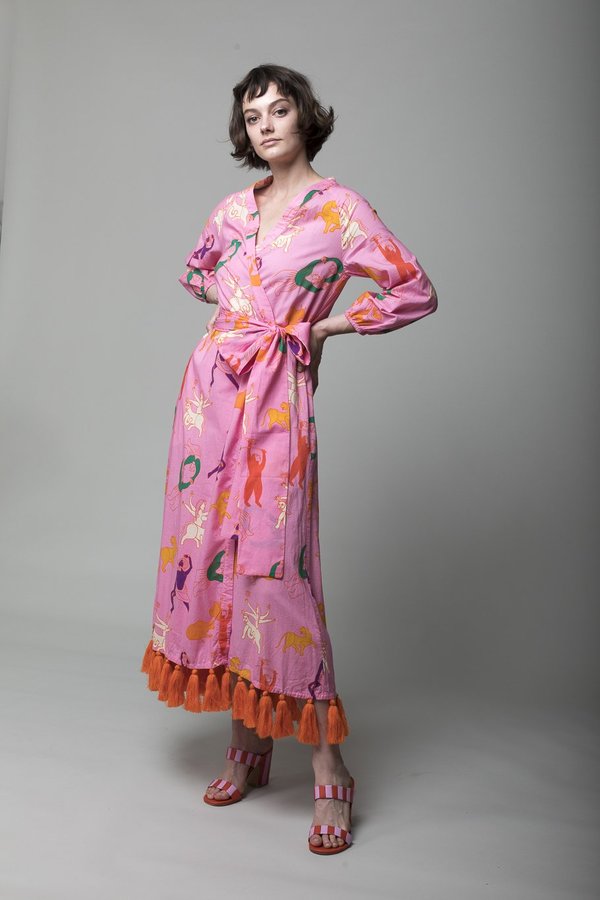 rhode resort lena dress Rhode Resort Women's Pink Lena Tasseled Printed Cotton-voile Maxi Dress