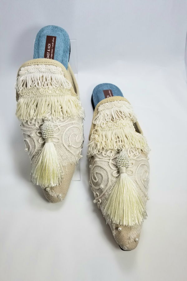 Coast & Koi Tapestry with Pearls and Silk Tassel Shoes - Ivory 