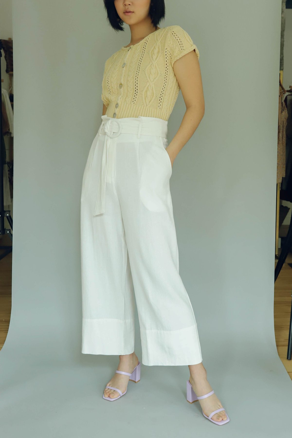 Moon River Paper Bag Belted Pants - White - Image 1 of 5