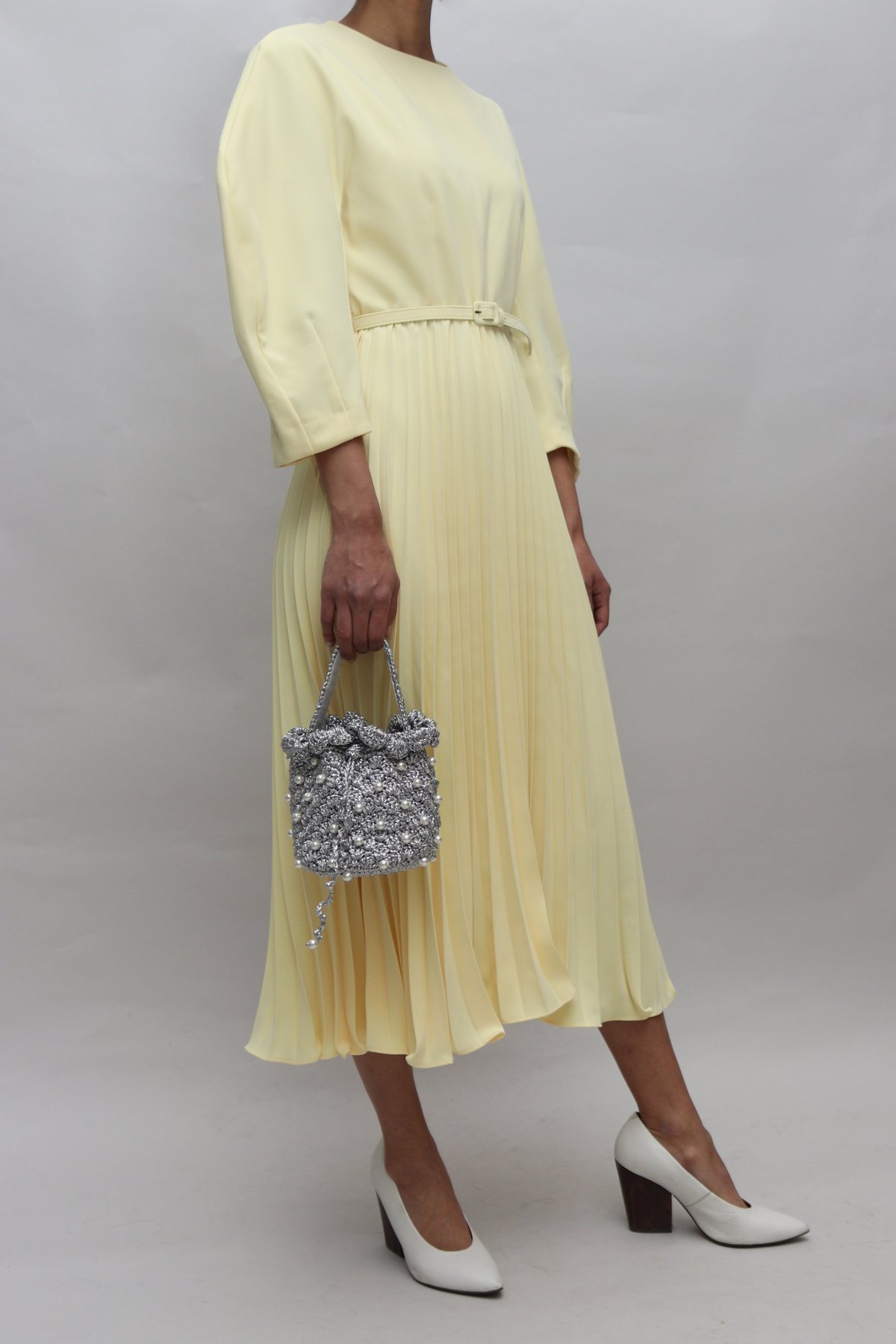 W A N T S Pleated Midi Dress - Pale Yellow | Garmentory