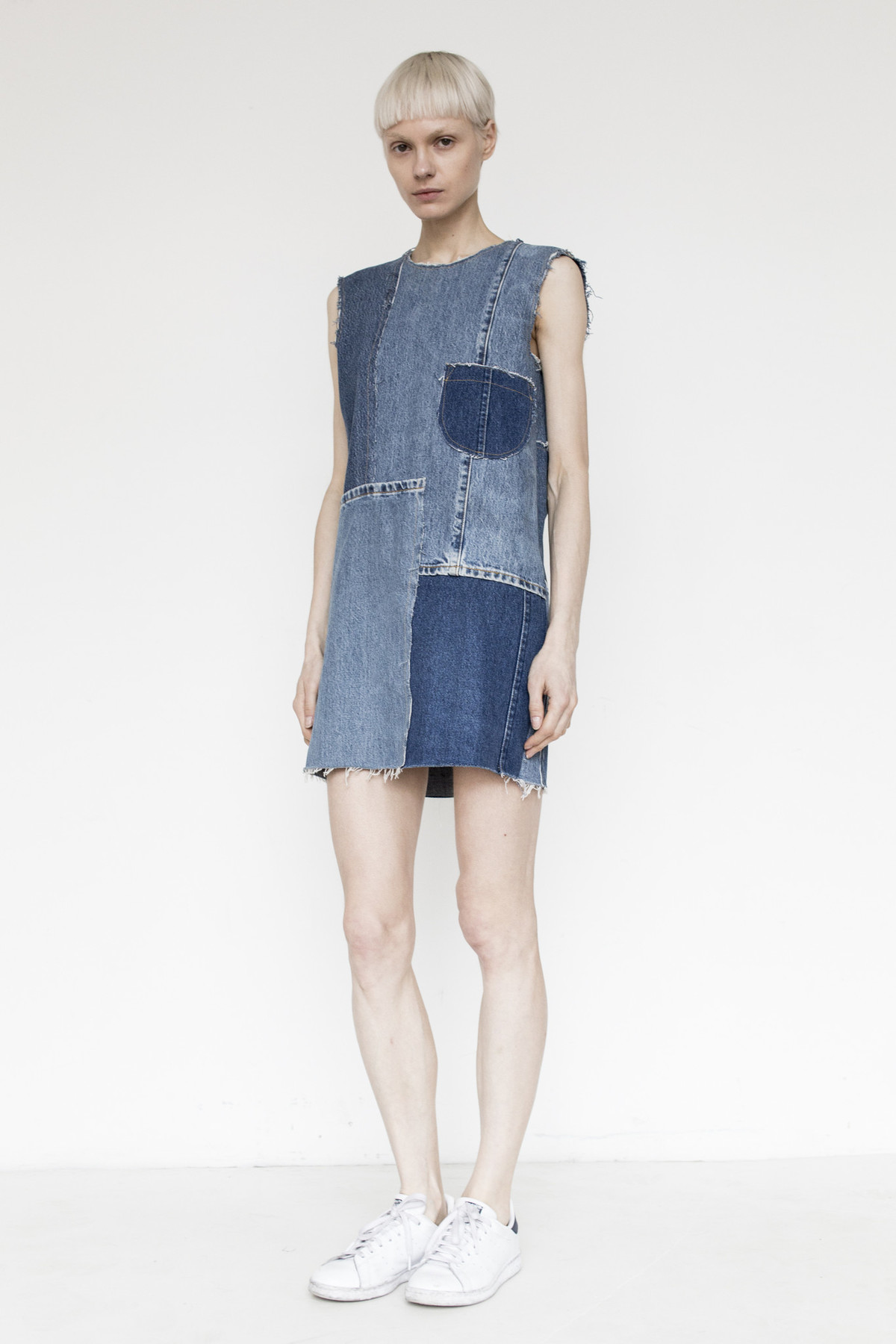 patchwork denim dress Easel Patchwork Detailed Denim Overall Dress in Washed Denim M main image 1