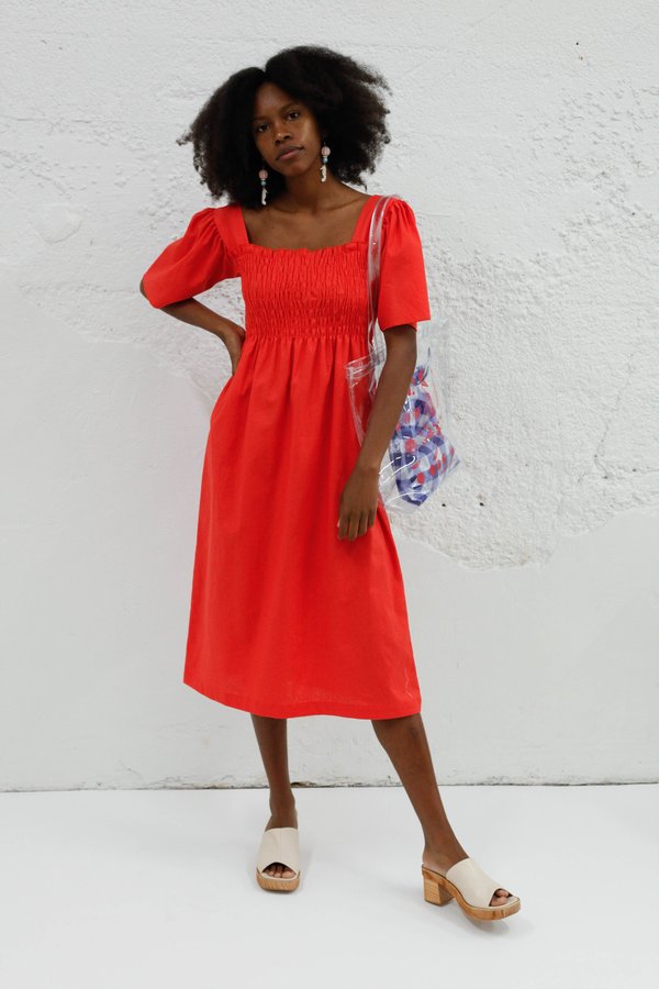 Lisa Says Gah Toni Midi Dress - Tomato Linen | Garmentory