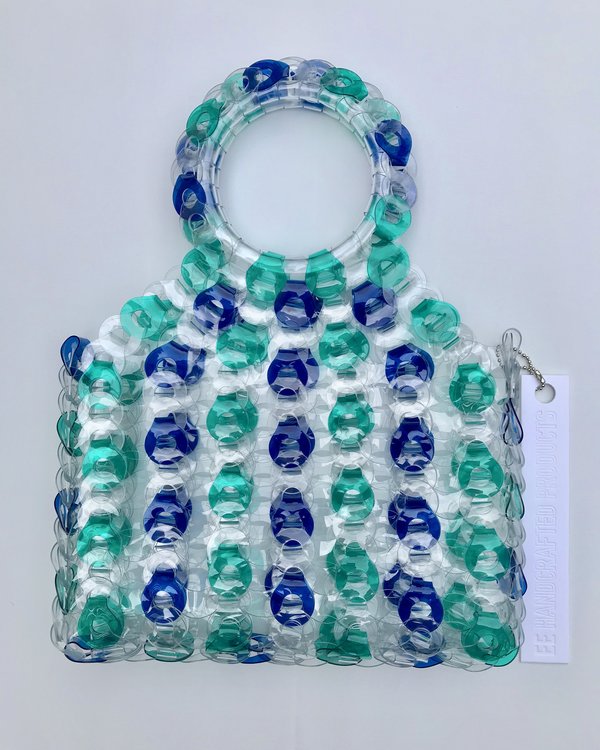 EE HANCRAFTED Large Square Vinyl Handbag - Blue/Green Stripe EE HANCRAFTED Large Square Vinyl Handbag - Blue/Green Stripe