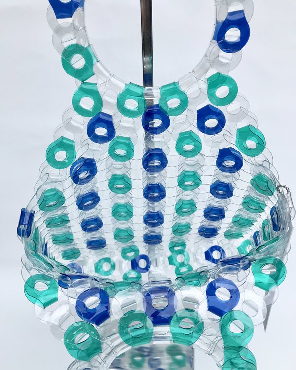 EE HANCRAFTED Large Square Vinyl Handbag - Blue/Green Stripe EE HANCRAFTED Large Square Vinyl Handbag - Blue/Green Stripe