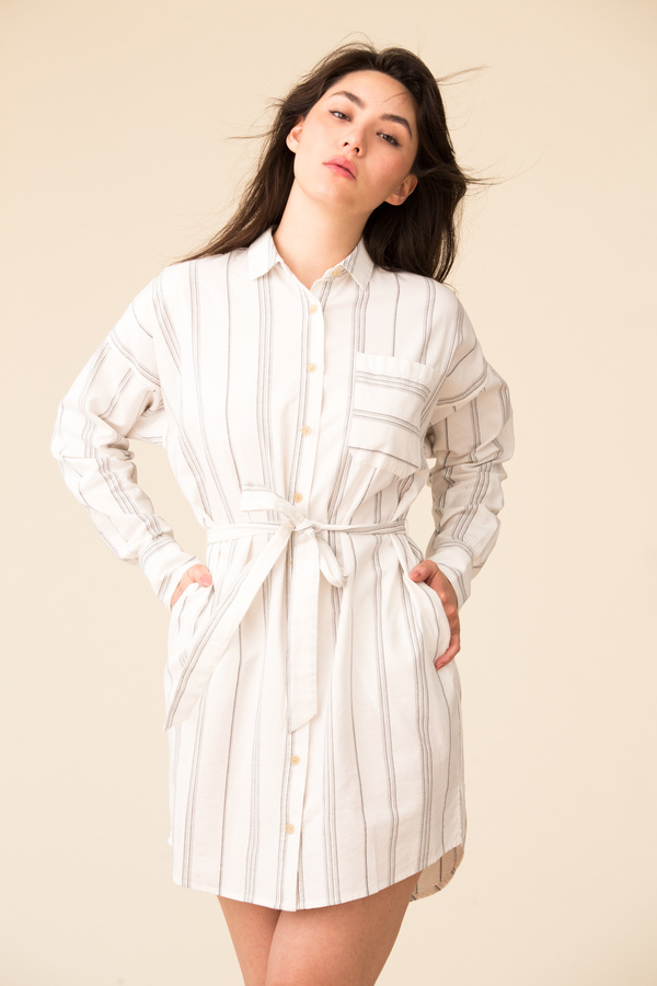 ATM Stripe Shirt Dress - Cream/Black 