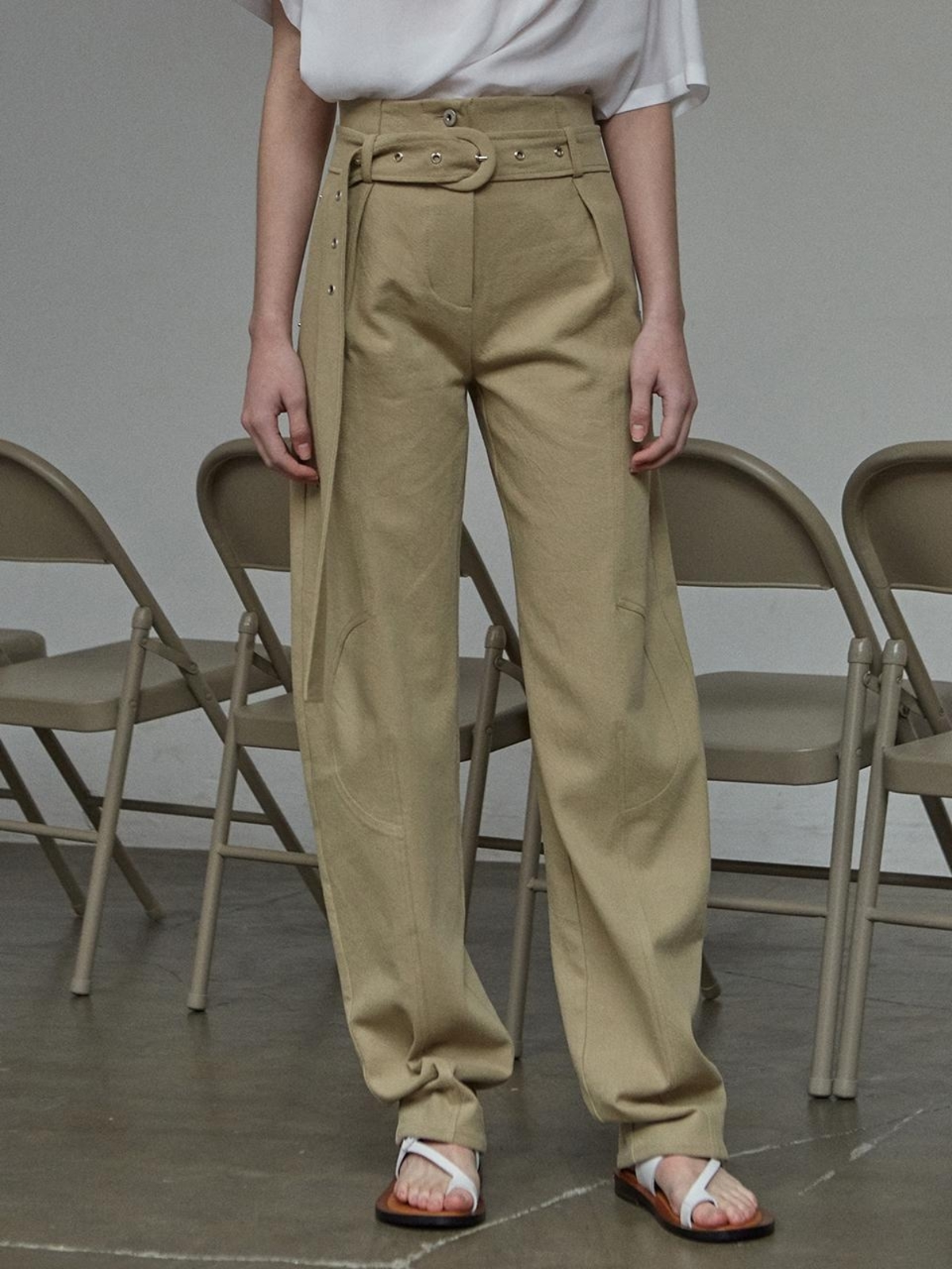 LOW CLASSIC Stitch Belt Pants - Beige | Garmentory