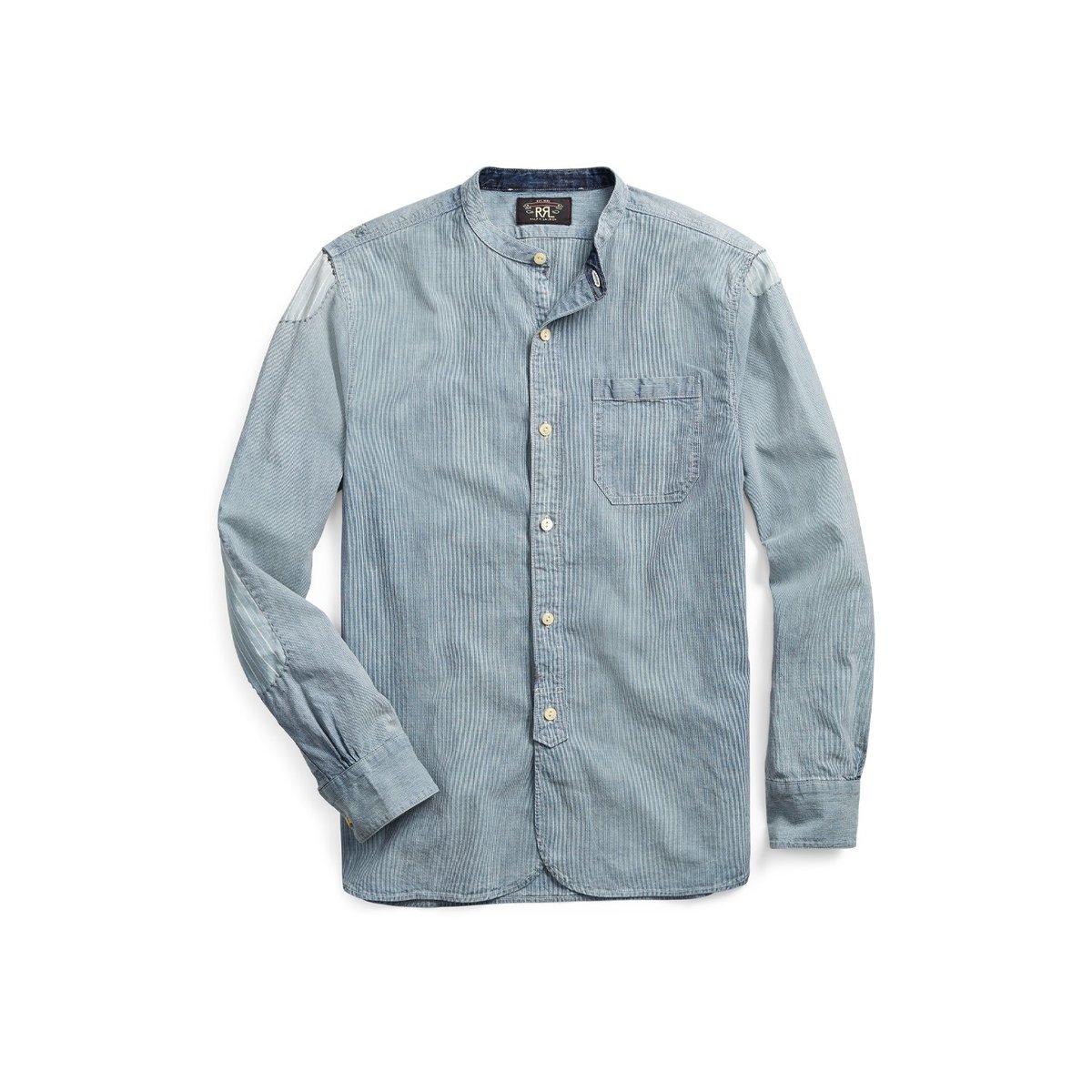 RRL Striped Cotton-Linen Banded Collar Shirt - Washed Indigo