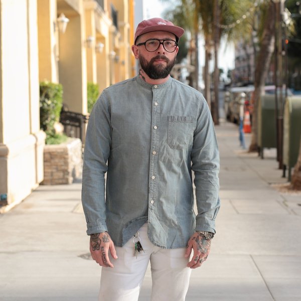 RRL Striped Cotton-Linen Banded Collar Shirt - Washed Indigo | Garmentory