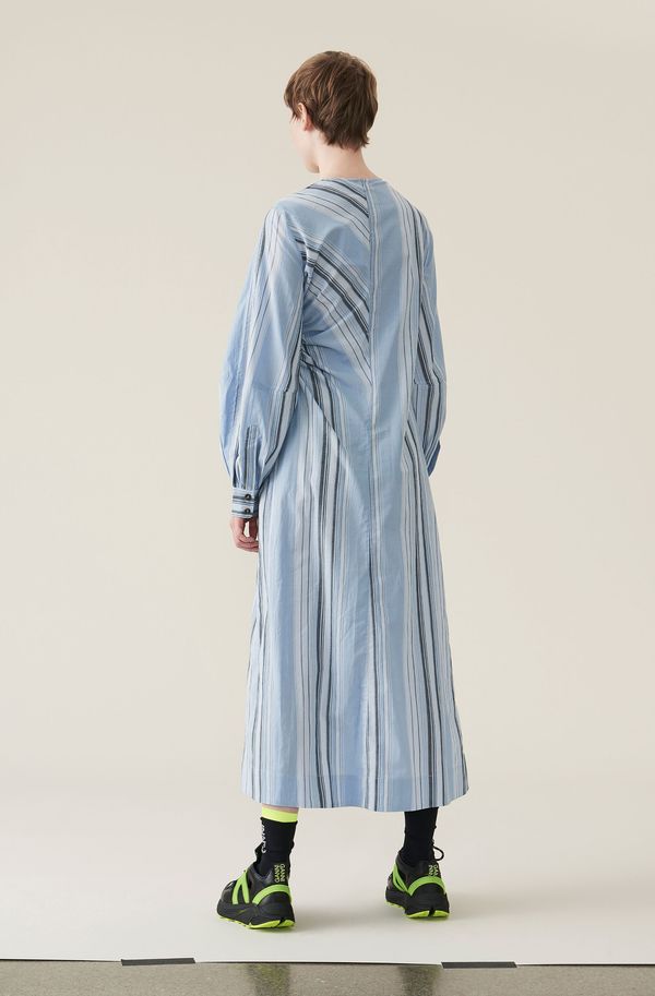 GANNI リップストップストレッチコットンチノドレス Ganni Light Cotton Stripe Midi Dress - Forever Blue | Garmentory