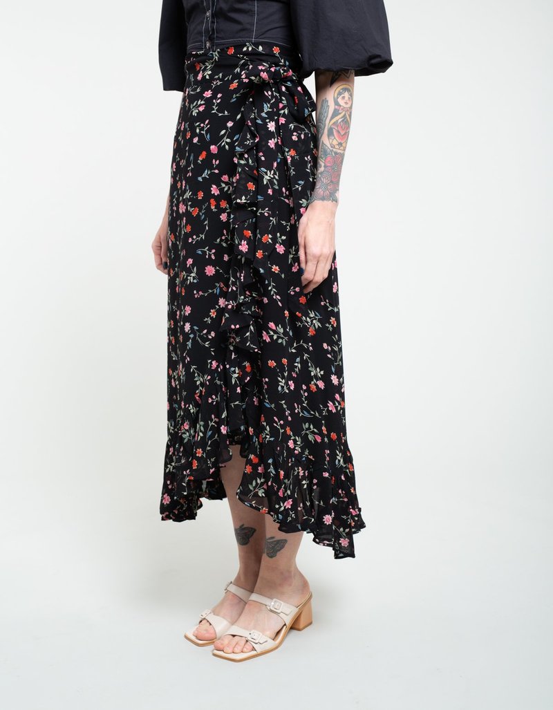 Ganni Printed Georgette Wrap Skirt - Black | Garmentory