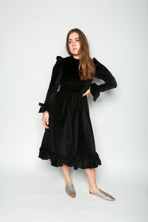 BATSHEVA Collarless Prairie Dress - Black Velvet on Garmentory