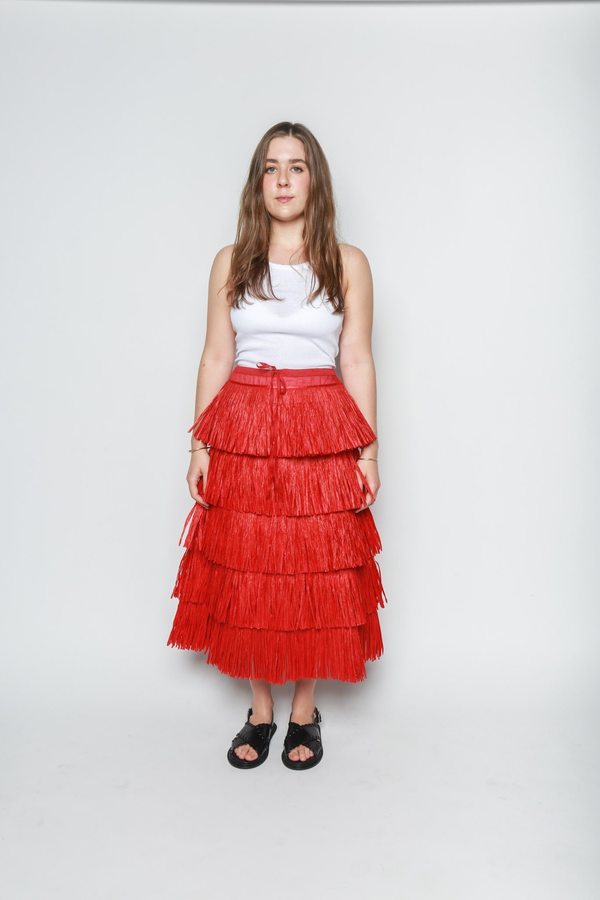 Sara Lanzi Long Raffia Skirt Red on Garmentory