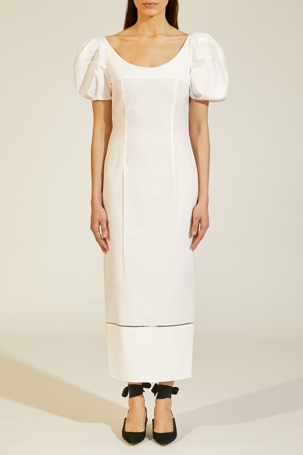 KHAITE Allison Fitted Dress w/ Puff Sleeve - White | Garmentory