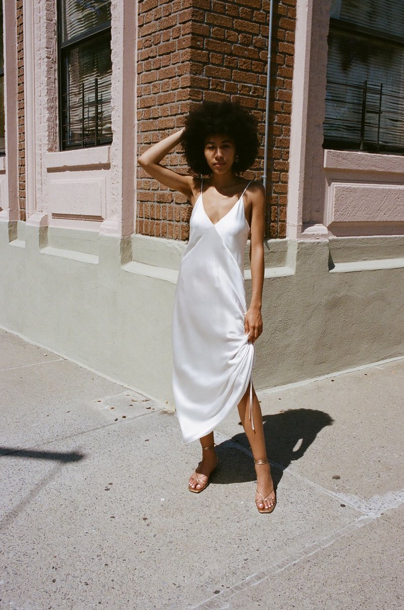 white ruched slip dress SVNR Ruched Slip Dress
