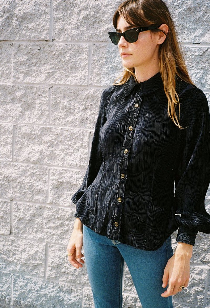 Ganni Pleated Satin Blouse Black Garmentory