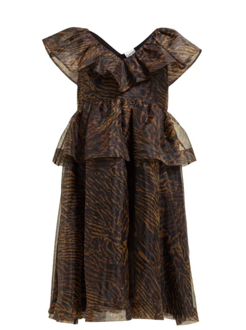GANNI  ガニ Tiger-Print Organza Dress GANNI Tiger-Print Organza Dress in Brown | endource