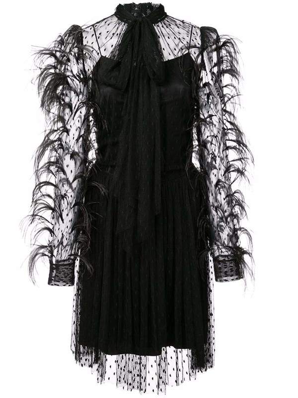 ADAM LIPPES Point Desprit Mockneck Mini Dress W Feathers - Black |  Garmentory