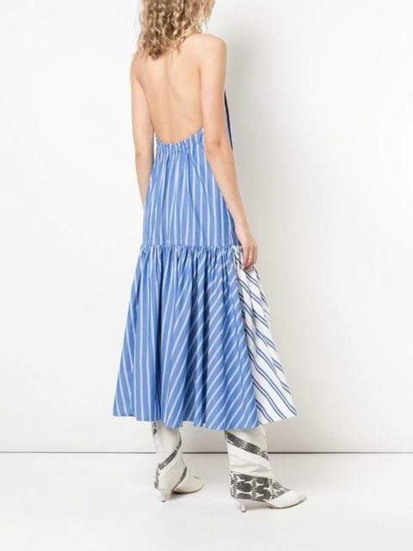 TIBI Vivian Stripe Deep V-Neck Halter Dress - Blue/White Stripe Multi |  Garmentory