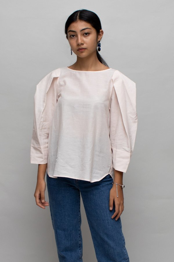 Pink Structured Tie-Waist Long Sleeve Blouse