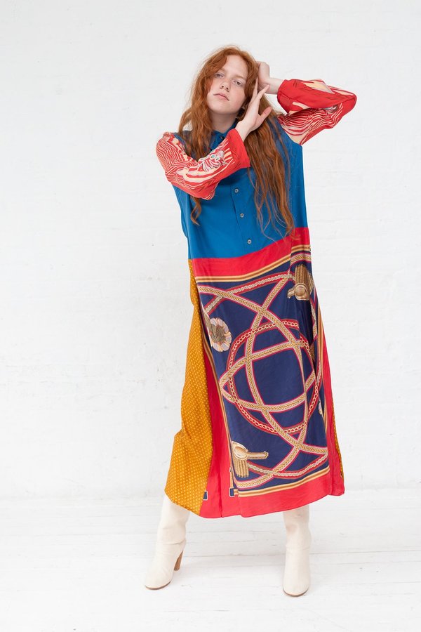 Bettina Bakdal Shirt Silk Dress With Vintage Scarves - Blue Flower |  Garmentory