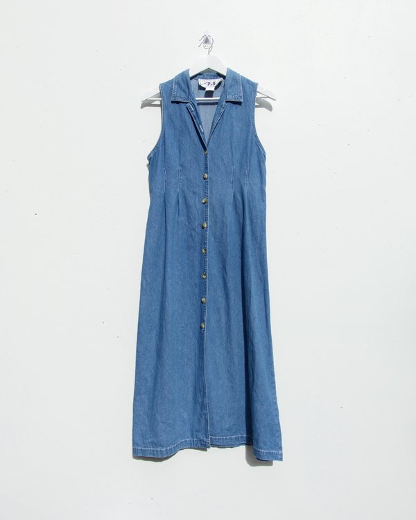 chinese dress ladies Blue Denim Maxi Dress Round Neck with Pockets main image 0
