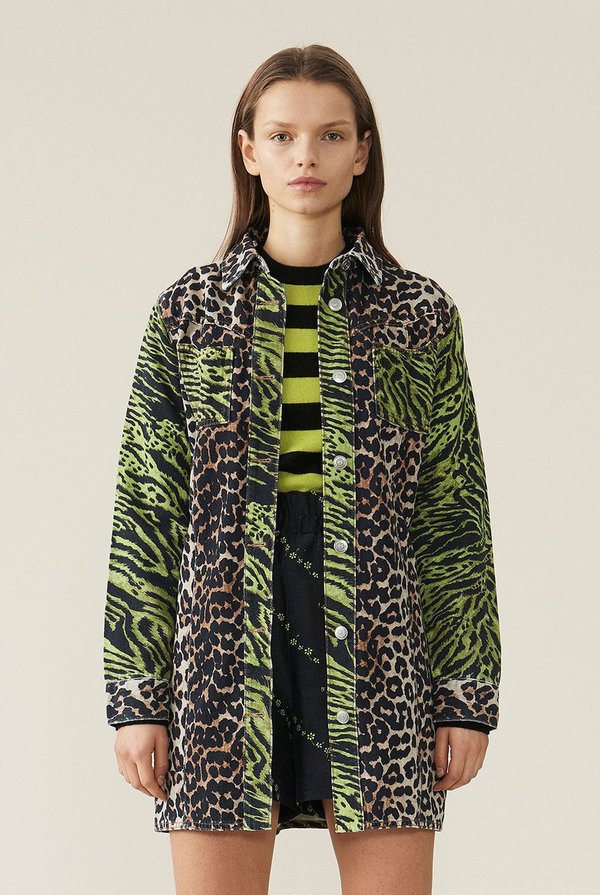 Ganni Print Denim Shirt Dress - Green | Garmentory
