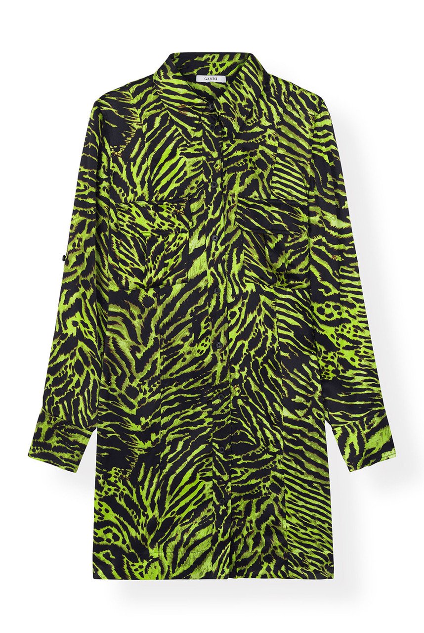 Ganni Silk Stretch Satin Shirt Dress - Green | Garmentory